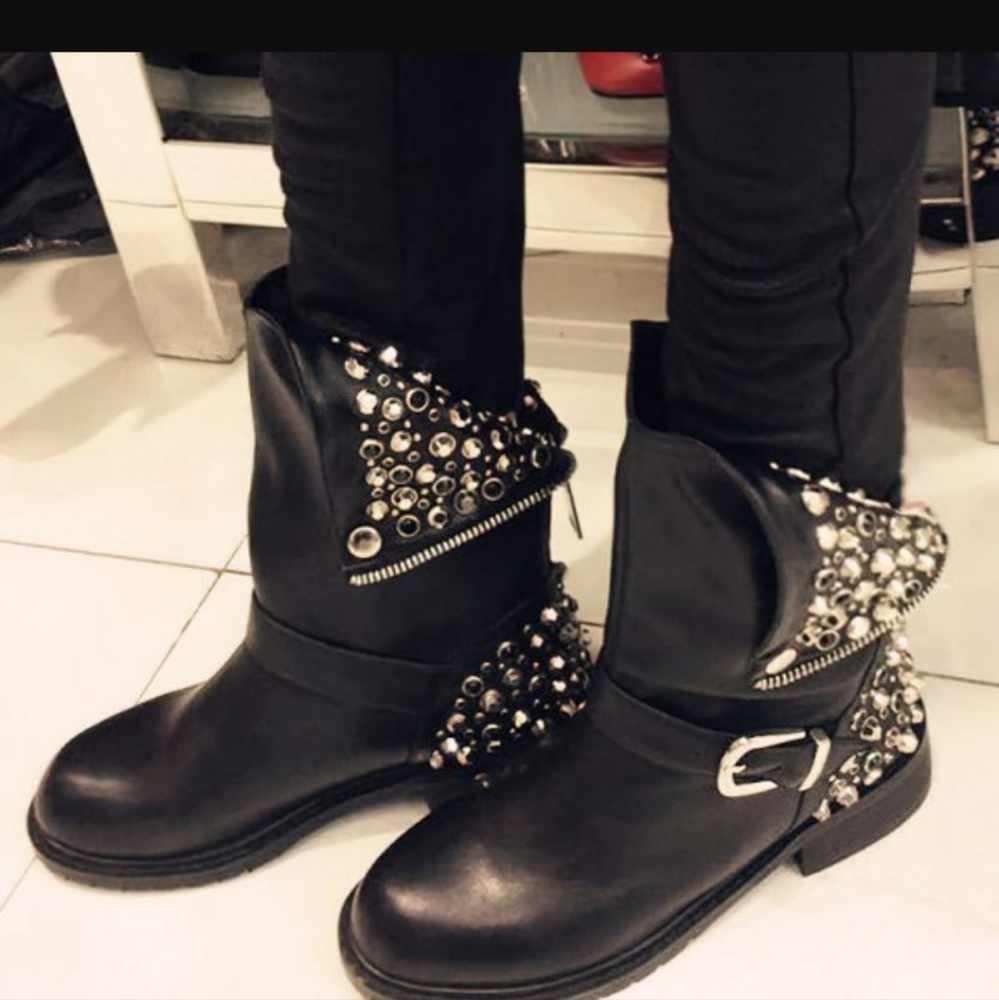 SOLD MERCARI-Punk Rivet Rhinestone Mid Calf Leather Boots - Picture 3 of 10